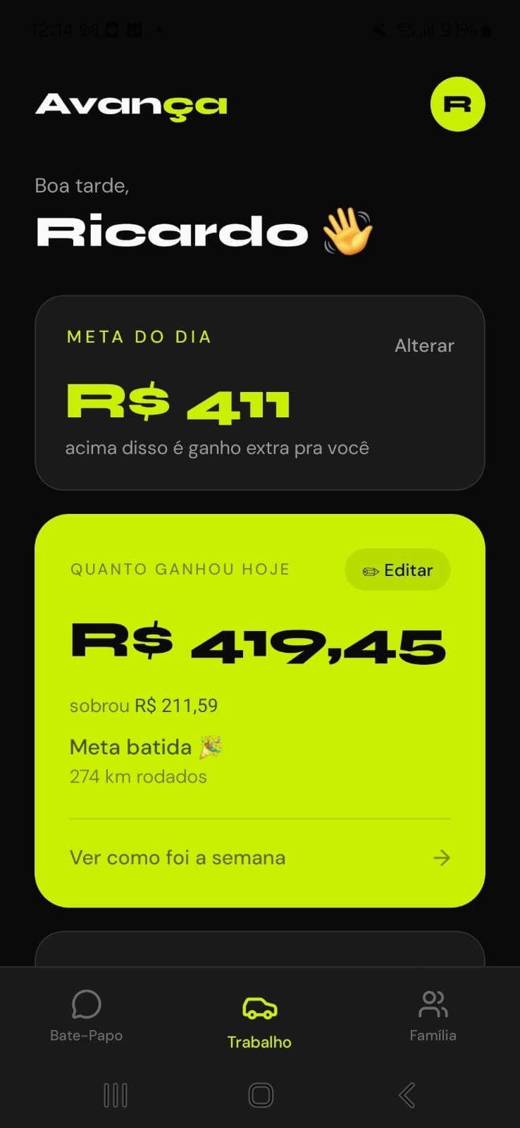 Avança — tela principal com meta batida